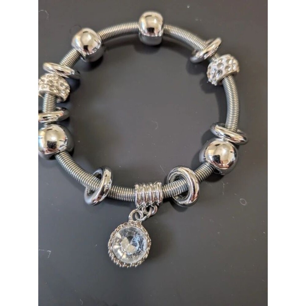 Landau Silver Tone Coil Charm Bracelet Reversible Crystal Pendant w/ Box